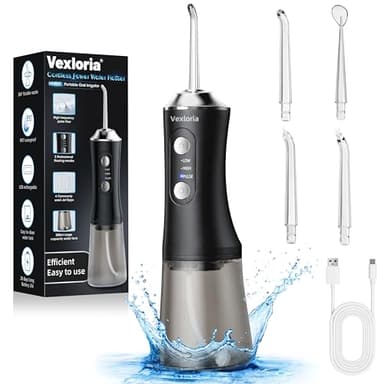 Vexloria Irrigador Bucal Portatil Water Flosser, 300ML Irrigador Dental Profesional 4 Boquillas 3 Modos, Inalámbrico de Riego para Limpieza Dental IPX7 Impermeable Para el Hogar y los Viajes Negro