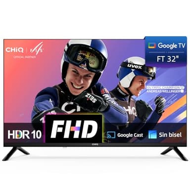 CHiQ LF32FT Smart TV 32" (80 cm), Full HD, HDR10, Google TV OS, Dolby Audio, Sintonizador DVB-C/T/T2/S/S2, Chromecast Integrado, Diseño Metal Sin Marco