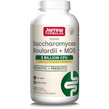 Jarrow Formulas, Saccharomyces boulardii plus MOS, 250mg, Alta Dosis, 90 Cápsulas veganas, Probadas en Laboratorio, Sin Gluten, Vegetarianas, Sin Soja, No GMO