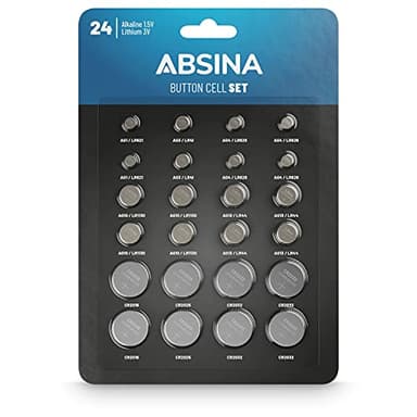 ABSINA Pack de 24 Pilas botón Alcalinas & Litio - 2X AG1 LR621, AG3 LR41, CR2016, CR2025 / 4X AG4 LR66, AG10 LR1130, AG13 LR44, CR2032 - Pila 1,5V & 3V - Baterías de botón