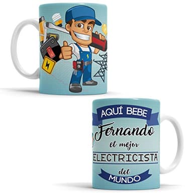 Taza para Electricista - Aquí Bebe el Mejor del Mundo/Super Electricista - Con Frase y Dibujo Personalizada Con Nombre - Cerámica 350 ML