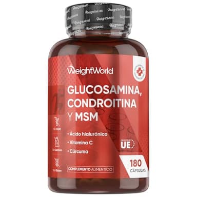 Glucosamina, Condroitina y MSM - 180 Cápsulas - 6 Meses de Suministro - Complejo Complementado con Ácido Hialurónico, Vit C y Cúrcuma en Polvo - Sin OGM ni Gluten