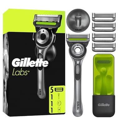 GilletteLabs Maquinilla De Afeitar Con Barra Exfoliante Integrada, 1 Mango, 5 Cuchillas De Recambio Con Banda Lubricante, 1 Estuche De Viaje, 1 Colgador De Pared