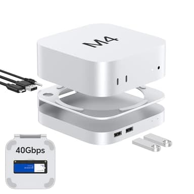 GEWOKLIY Base y soporte para Mac Mini de aluminio de 40 Gbps, concentrador USB 4 para Mac mini M4 y M4 Pro 2024 con carcasa SSD M.2 NVMe de 40 Gbps, triple USB A 2.0, accesorios de conector de audio