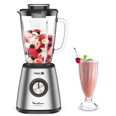 Moulinex batidora de vaso potente, 5 velocidades, función Pulse, 6 cuchillas Powelix, cuerpo de acero inoxidable, jarra de cristal termorresistente de 1,75 l, pica hielo, 800 W, LM439D