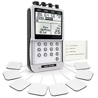 iSTIM EV-805 Electroestimulador Digital - Unidad TENS & EMS de 4 Canales con 16 Almohadillas para Estimulación Nerviosa y Muscular, Aliviar el Dolor Muscular y Fortalecer los Músculos