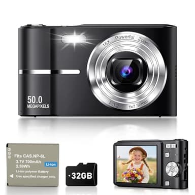 Camara de Fotos Digital Compacta, 50MP 1080P Digitales Camaras con Pantalla de 2,4”, 16X Zoom Digital, Mini Video Cámara Flash Antivibración para Infantil, Principiantes y Adultos, 32G Negro