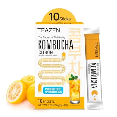 TEAZEN - Kombucha Limón Yuzu – Té Instantáneo Coreano con Yuzu y Probióticos – 10 Sobres – Sin Azúcar, Vegano, Bajo en Calorías – Preparación de Bebida Coreana con Prebióticos