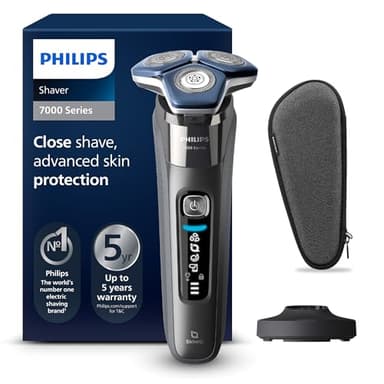 Philips Serie 7000 Afeitadora Eléctrica Hombre, Máquina de Afeitar Barba con Recortadora, 45 cuchillas, Para piel sensible, 60min de uso, En Seco y Húmedo, Recargable, Base Carga, S7887/35, Gris