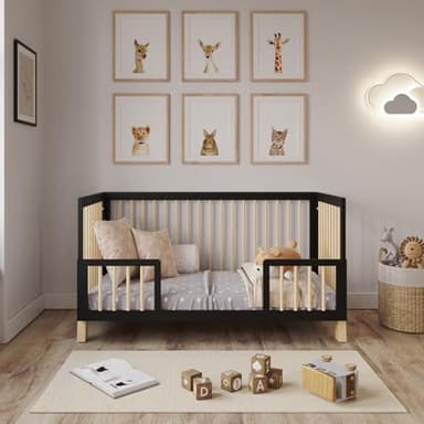 Love For Sleep Cuna Bebé 70x140 cm Convertible en Cama Junior – Cuna Evolutiva Infantil de Madera Antracita/Pino con Barandilla de Seguridad