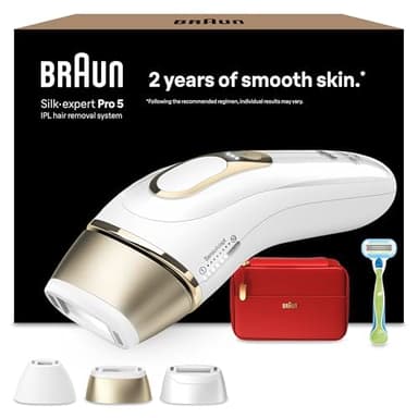 Braun Luz Pulsada Silk-expert Pro 5, Alternativa a Depiladora Laser, Eliminación Del Vello En Casa, Depiladora IPL Con Funda, Maquinilla Venus, 3 Cabezales Para Cara y Cuerpo, Blanca/Dorada, PL5262