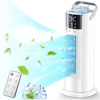 Aire Acondicionado Portátil, Ventilador con Refrigeración por agua, Humidificador con Mando a Distancia, Depósito de agua de 700 ml Temporizador 2-10H, para Dormitorio, Oficina, Sala de Estar