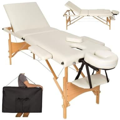 BAKAJI Tumbona de Masaje con Estructura de Madera Plegable, 3 Zonas, masajes, Fisioterapia, SPA, Centro de Bienestar, Esteticista, Profesional, Color Beige, XL Lux con Bolsa de Transporte (Estructura