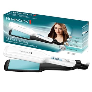 Remington Plancha de Pelo Shine Therapy, Aceite de Argán, Placas Flotantes Anchas, Resultados Profesionales, Cerámica Avanzada, Temperatura hasta 235°C, Digital, Blanco, 110 x 50 mm, S8550