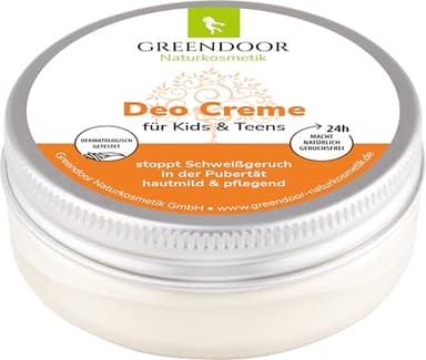 Crema desodorante Greendoor de cosmética natural para niños y adolescentes 50 ml, vegana, detiene el olor a sudor en la pubertad, suave para la piel y nutritiva, sin sales de aluminio y sin alcohol