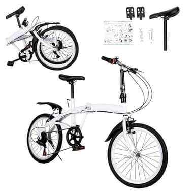 Bicicleta plegable para adultos de 20 pulgadas, bicicleta plegable de 6 velocidades, doble freno en V, bicicleta plegable, camping, ciudad, color blanco, adecuada para niños, adultos, autopistas,