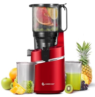 AMZCHEF Extractor de Zumos y Verduras Automático, 145MM Apertura y 1.8L Capacidad Licuadora para Verduras y Frutas Entera, 250W Licuadora Prensado en Frio Lento con Triple Filtro - Rojo