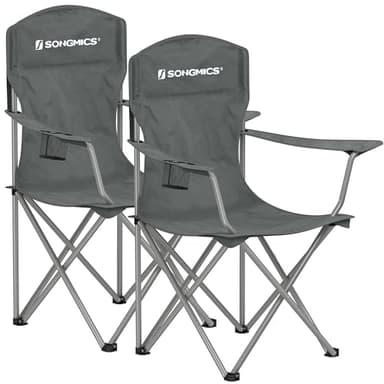 SONGMICS GCB008G01 - Juego de 2 sillas Plegables para Exteriores, Respaldo Alto, reposabrazos, Soporte para Bebidas, Plegable, soporta hasta 150 kg, para Camping, jardín, terraza, Color Gris Pizarra