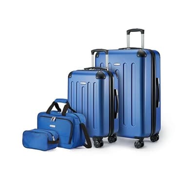Amazon Basics Equipaje de Mano rígido con Ruedas, Juego de 4 Unidad, Maleta Grande, Bolsa de Mano y Viaje compacta, Ampliable, 4 Ruedas giratorias, Azul Marino