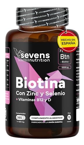 Biotina para el Cabello 10.000 mcg + Zinc + Selenio + B12 | 365 Comprimidos (1 año) | Crecimiento pelo mujer | Vitaminas para el cabello piel y uñas - Sevens