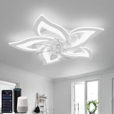 YUNLONG Ventilador de Techo con Luz Compatible con Alexa y Google Assistant, Lámpara Ventilador Techo Silencioso, Motor DC Verano Invierno, Regulable, Función Memoria, para Dormitorio, Blanco