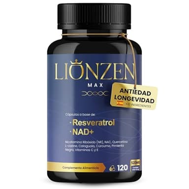 NAD+ Trans Resveratrol puro +10 ingredientes Antienvejecimiento | 1000mg | Energía Celular, Longevidad, Vitalidad | Nicotinamide Riboside, Quercetina, NAC, Cúrcuma, Pimienta Negra | Lionzen Max