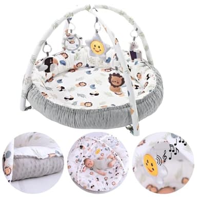 Olmitos - Gimnasio para bebés Multifuncional y Evolutivo con Arcos de juguetes LION, Manta de juegos, Juguetes Colgantes y Música - Estimula el Desarrollo Motor y Sensorial del Bebé