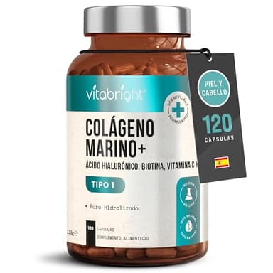 Colageno Hidrolizado Puro Con Acido Hialuronico + Vitamina C, 120 Capsules, Peptidos de Colageno Bioactivo, Colageno Marino Hidrolizado Puro, VitaBright Collagen/Colágeno Con Acido Hialuronico