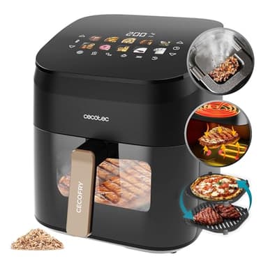 Cecotec Freidora de Aire sin Aceite 6,5L Plancha Grill Doble Resistencia Ahumador Integrado Air Fryer Cecofry&Grill Smokin' 6500. 2200W, Temperatura Regulable 40-200°C, 10 Menús