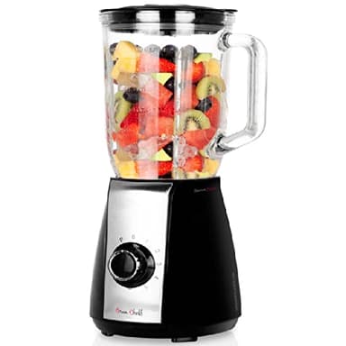 Batidora de vaso. Jarra de cristal. Capacidad 1,5 litros. 5 velocidades + TURBO. Función pica hielo. Potencia 600W.