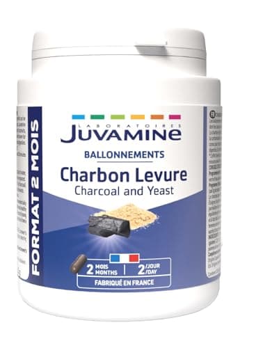 JUVAMINE - Carbón Levadura - 120 Cápsulas - Formato Maxi - 2 Meses - Alivio de Gases Intestinales y Mejora la Digestión - Reducción de Hinchazón - Carbón vegetal - Levadura de Cerveza