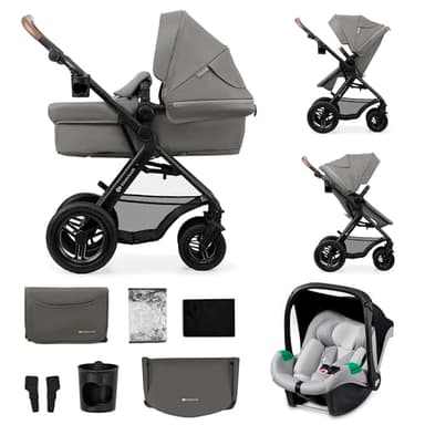 Kinderkraft MOOV 2 AIR, carrito 3 en 1 con capazo y silla de paseo 2 en 1, ruedas grandes inflables, Travel System con silla de coche, hasta 22 kg, Gris Claro
