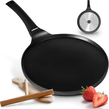 endusor Sarten Crepes Induccion 26cm con 3 capas de antiadherente + espatula y esparcidor de madera de haya alemana - Sartén para crepes apta para TODAS las cocinas - Crepera sarten sin PFOA + PFOS