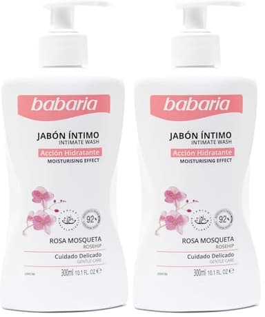 Babaria - Jabón Íntimo Hidratante con Rosa Mosqueta y Ácido Láctico, Respeta el PH Íntimo, Testado Bajo Control Ginecológico, Rápida Absorción, Vegano - 300 ml (Paquete de 2)