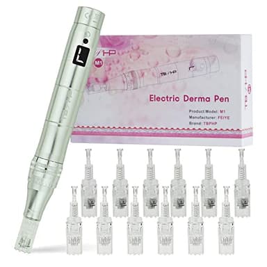 TBPHP Dermapen con pantalla LCD y 7 niveles de velocidad de longitud ajustable (incluye cartuchos de 12 cabezales), color plateado