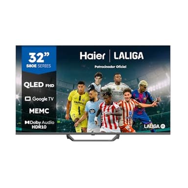 Haier QLED Full HD H32S80EFX - 32", Smart TV, Google TV, Dolby Audio, HDR 10, Smart Remote Control, Google Assistant, Bluetooth 5.1, DBX TV, HDMI 2.1 x 4, Sin Marcos, 2024