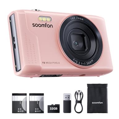 SOOMFON Digital Camara MAX 72MP Video 1080P, Camara de Fotos con Zoom 16X y 19 Filtros, Cámera Fotografia con 2 Baterías Tarjetas de 32GB, Cámara Digital Compacta para Adulto/Niño/Adolescente - Rosa