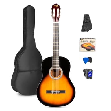 MAX SoloArt Guitarra clasica con cuerdas de nailon para Principiantes Adultos - guitarra flamenca con Funda, Afinador, Púa, Correa y Accesorios. Guitarra Española 4/4 en color Sunburst