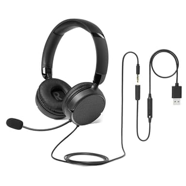 Amazon Basics Auriculares con Cable para Ordenador con Micrófono Ajustable, Puerto de 3,5mm o Control en Línea con Puerto USB-A, Plegables, Tamaño Pequeño/Mediano, Negros