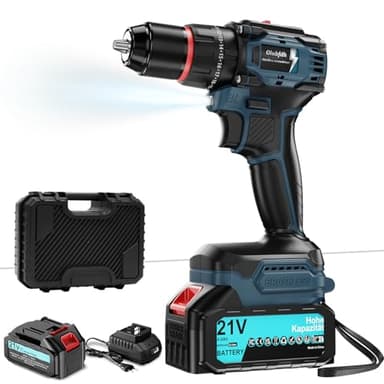 Taladro Percutor a Bateria 21V, Brushless Taladro atornillador batería con 4000mAh Baterías, 50 Nm, 20+3 posiciones de par (2 Velocidad y LED) Adecuado para bricolaje en casa y jardín