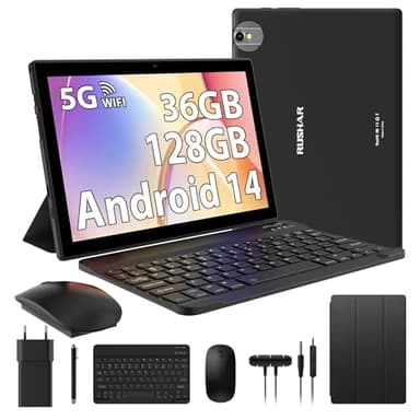 RUSHAR Newest Tablet 10 Pulgadas Android 14 Tablet con Teclado, 36GB RAM+128GB ROM (TF 1TB), Quad-Core 2.0Ghz, 8000mAh, Doble Cámara, 8MP+5MP, Negro