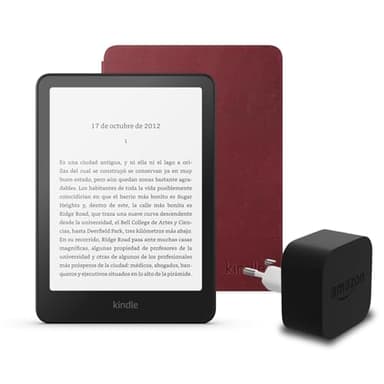 El último Kindle Paperwhite (versión 2024) de 16 GB con anuncios, una funda de cuero Amazon Premium y un adaptador de corriente Amazon Powerfast de 9 W.