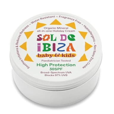 Sol De Ibiza - Protector Solar Mineral SPF30 - Cara & Cuerpo - Ingredientes Naturales - Óxido de Zinc Non Nano - Vegano - Resistente al agua - 0+ meses - 100g - NUEVA TEXTURA CREMOSA