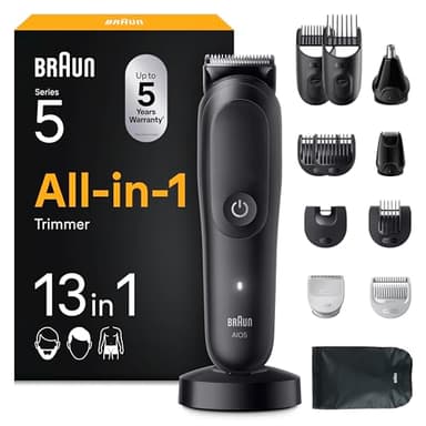 Braun Recortadora Todo En Uno Series 5 AIO5565, Kit De Styling 13en1 Para Barba, Pelo, Orejas, Nariz y Cuerpo, 120 Min, Cortapelos Hombre Con Lámina Ultra Afilada, Recorte Preciso Y Eficiente, Negro