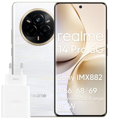 realme 14 Pro 5G Smartphone, 8+ 256GB, Teléfono Móvil, Diseño Que Cambia de Color con el Frío, IP69, Cámara Sony IMX882 OIS de 50 MP, Pantalla de 120 Hz, Batteria da 5260 mAh, Blanco (con Adaptador)