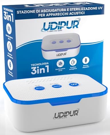 Udipur Estación de deshumidificación para audífonos Esterilización UV y tecnología de carga 3en1 USB tipo C Temperatura máxima 50°C - 110x90x40mm