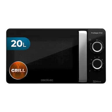 Cecotec Microondas de 20 Litros ProClean 3150. 700W con 6 Niveles, Grill 800 W, Revestimiento Ready2Clean para mejor Limpieza, Tecnología 3DWave, Temporizador, Efecto Espejo