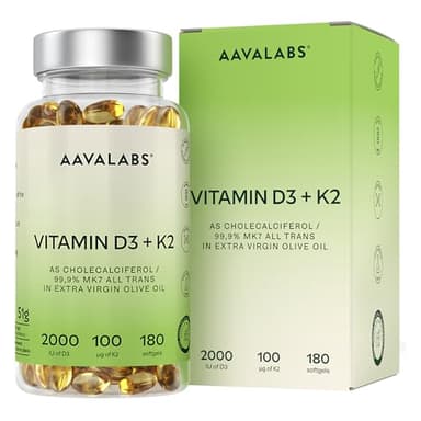 Vitamina D3 y K2 con Aceite de Oliva Virgen Extra para una Absorción Óptima (2.000 UI Vitamina D + 100 μg Vitamina K2 MK7) – 180 Cápsulas Concentradas de Vitamina D3 K2 sin OGM, Gluten o Lactosa