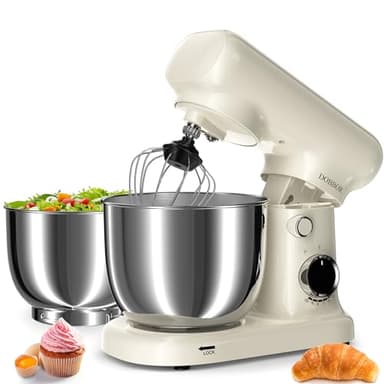 Batidora Amasadora Doble Bol De 2.5L+3L, Batidora EléCtrica De 10 Velocidades Y 1500w - Incluye Batidor De Huevos, Gancho Para Masa Y Batidor Plano Para ReposteríA Casera (Blanco lechoso)