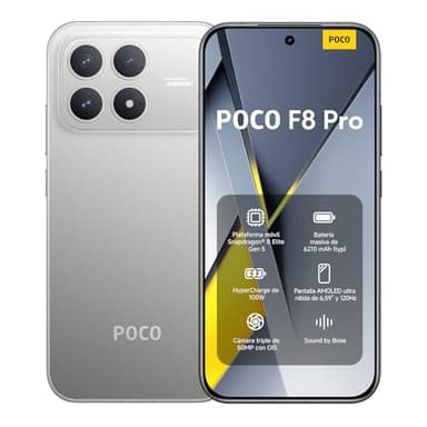 XIAOMI POCO F8 Pro - Smartphone de 12+512GB, Triple cámara de 50MP con OIS, Pantalla AMOLED de 6,59” 120Hz, Snapdragon 8 Elite, Hypercharge 100W, Cargador no Incluido, Plata Titanio (Versión ES)
